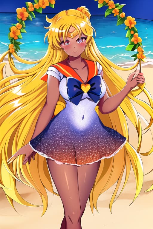  cute,l women,black skin,freckles,blonde curly hair,heart shaped sunglasses,flowers in her hair,on a beach wearing a long white dress,not showing her body,(sailor venus:1.3), (masterpiece), (highest quality), (intricate), (high detail)