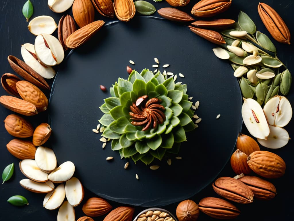  A closeup, ultradetailed image of a variety of nuts and seeds meticulously arranged in a circular pattern on a sleek, matte black surface. Each individual element is perfectly placed, showcasing the unique textures and shapes of almonds, walnuts, chia seeds, pumpkin seeds, and sunflower seeds. The play of light and shadow creates a striking visual contrast, emphasizing the natural beauty and potential for culinary creativity in using these ingredients. hyperrealistic, full body, detailed clothing, highly detailed, cinematic lighting, stunningly beautiful, intricate, sharp focus, f/1. 8, 85mm, (centered image composition), (professionally color graded), ((bright soft diffused light)), volumetric fog, trending on instagram, trending on tumblr, HDR 4K, 8K