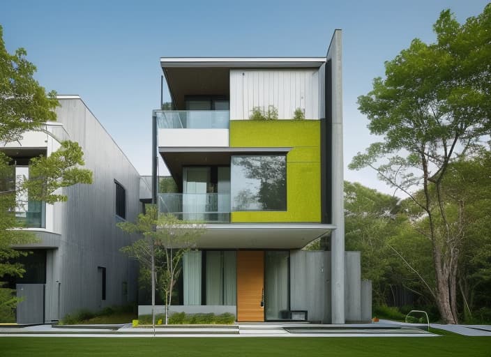  A sleek and contemporary housing complex, crafted from innovative materials such as glass, steel, and concrete, stands tall against the backdrop of a lush green landscape. The buildings' geometric shapes and clean lines create a striking contrast against the natural surroundings, while the use of bold and vibrant colors adds a pop of energy and vitality to the scene. The interplay between the man made structures and the surrounding environment creates a harmonious and visually stunning composition, showcasing the beauty and versatility of modern architecture.