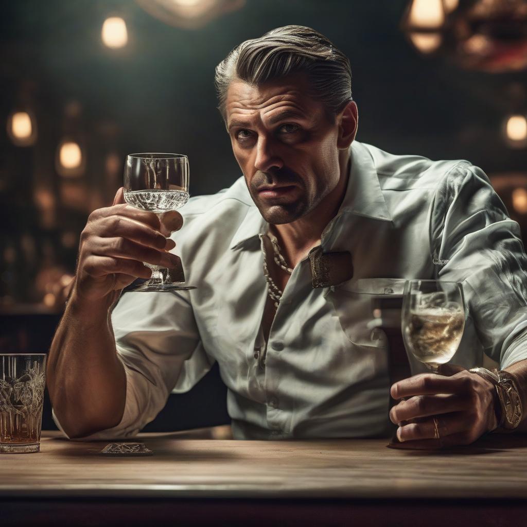  A demon pushes a glass of vodka away with his hand, sits at the table, "I don't drink", retro style poster. hyperrealistic, full body, detailed clothing, highly detailed, cinematic lighting, stunningly beautiful, intricate, sharp focus, f/1. 8, 85mm, (centered image composition), (professionally color graded), ((bright soft diffused light)), volumetric fog, trending on instagram, trending on tumblr, HDR 4K, 8K