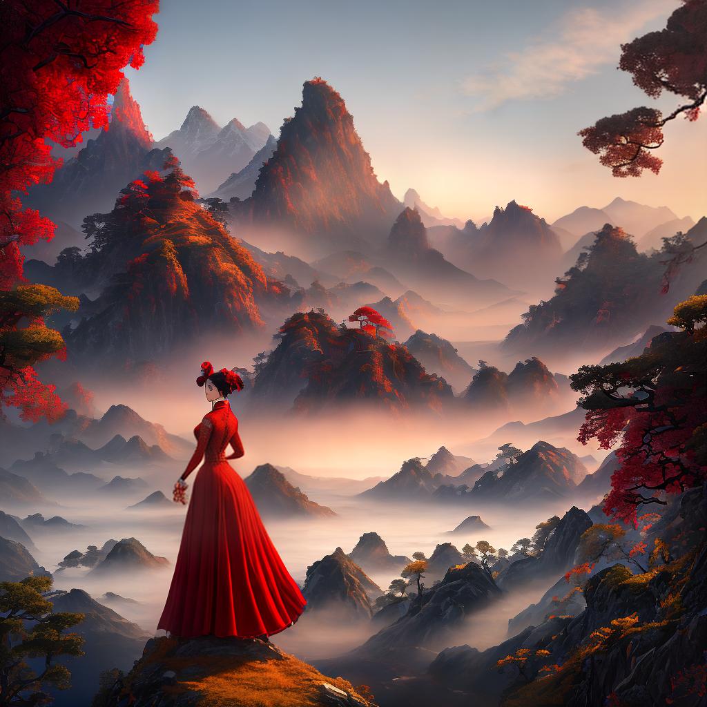  ((Masterpiece)), (((best quality))), 8k, high detailed, ultra-detailed. An exquisite ink painting featuring the silhouette of a lady in red, against a backdrop of a traditional Chinese landscape with mountains and water. hyperrealistic, full body, detailed clothing, highly detailed, cinematic lighting, stunningly beautiful, intricate, sharp focus, f/1. 8, 85mm, (centered image composition), (professionally color graded), ((bright soft diffused light)), volumetric fog, trending on instagram, trending on tumblr, HDR 4K, 8K