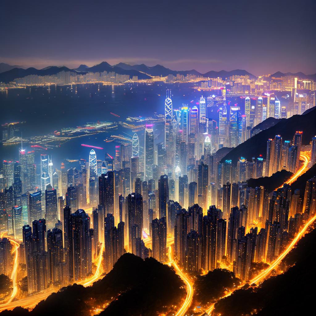  A breathtaking masterpiece capturing the majestic nighttime view of Lion Rock Mountain in Hong Kong. This high-quality, ultra-detailed 8k artwork showcases the city lights illuminating the mountain, creating a mesmerizing atmosphere. The main subject of the scene is a prominent lion-shaped rock formation ((Lion Rock Mountain)) towering over the city. The scene also includes a vibrant cityscape with towering skyscrapers, flickering lights from residential areas, and bustling streets below. The dark night sky is adorned with shimmering stars, adding a touch of celestial beauty to the composition. The artwork is done in a realistic style, reminiscent of the works by famous artist ((Name of artist)). This masterpiece is perfect for appreciating hyperrealistic, full body, detailed clothing, highly detailed, cinematic lighting, stunningly beautiful, intricate, sharp focus, f/1. 8, 85mm, (centered image composition), (professionally color graded), ((bright soft diffused light)), volumetric fog, trending on instagram, trending on tumblr, HDR 4K, 8K