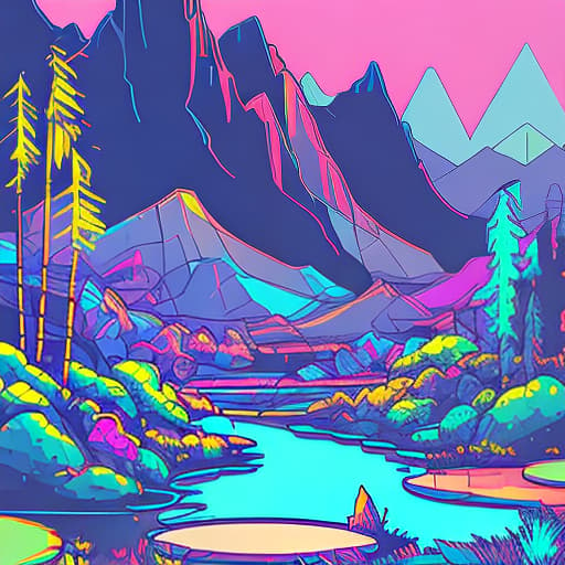 nvinkpunk Whimsical mountains with pond and trees in valley