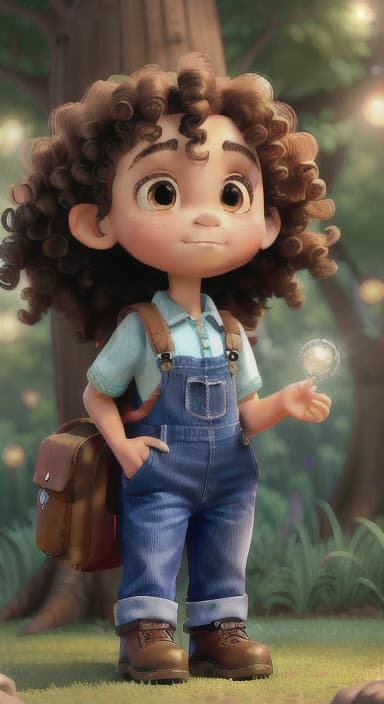  {The tree shining brightly and releasing a gentle, magical light., Riley, a curious with big brown eyes and curly hair, wearing overalls and carrying a small backpack. Their friend, Skye, a bluebird with shiny feathers.