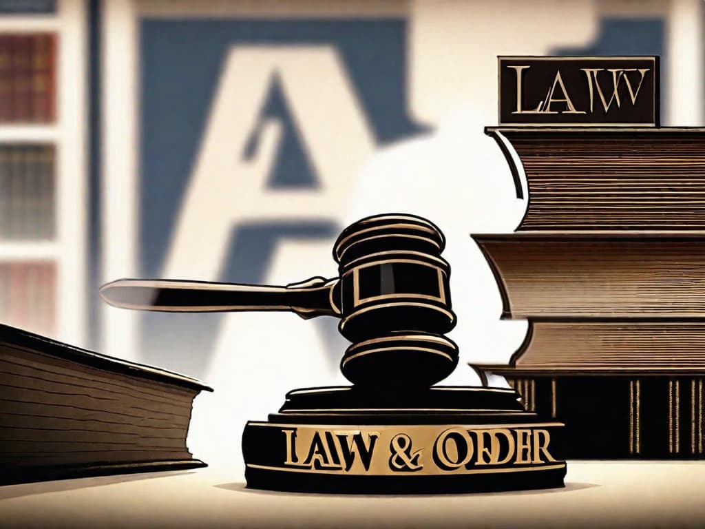  A gavel rests atop a pile of legal books with the iconic "Law & Order" logo emblazoned across the screen, while in the background, the silhouettes of detectives and attorneys discuss a case in a dimly-lit precinct office.digital art, ilustration hyperrealistic, full body, detailed clothing, highly detailed, cinematic lighting, stunningly beautiful, intricate, sharp focus, f/1. 8, 85mm, (centered image composition), (professionally color graded), ((bright soft diffused light)), volumetric fog, trending on instagram, trending on tumblr, HDR 4K, 8K