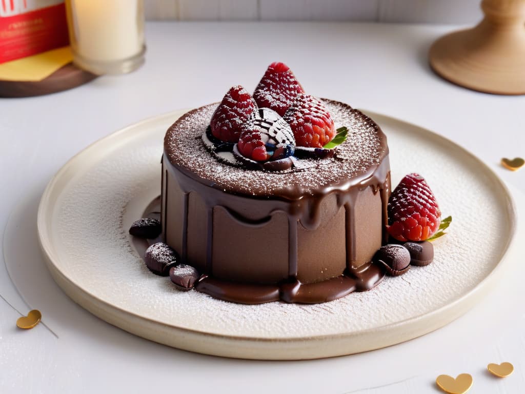  A closeup, photorealistic image of a decadent chocolate lava cake oozing with rich, velvety Belgian chocolate ganache, garnished with fresh raspberries and dusted with a sprinkle of edible gold flakes. The cake sits on a sleek, modern white dessert plate, set against a softfocused background that highlights the glossy texture of the chocolate and the vibrant red hue of the berries. The lighting is warm and inviting, casting a soft glow over the dessert, emphasizing its indulgent and luxurious appeal. hyperrealistic, full body, detailed clothing, highly detailed, cinematic lighting, stunningly beautiful, intricate, sharp focus, f/1. 8, 85mm, (centered image composition), (professionally color graded), ((bright soft diffused light)), volumetric fog, trending on instagram, trending on tumblr, HDR 4K, 8K