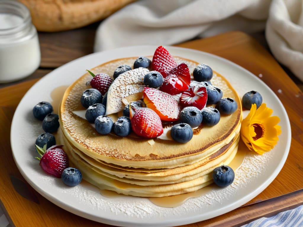  A photorealistic image of a beautifully arranged plate of healthy crepes, topped with vibrant mixed berries, a dollop of Greek yogurt, a sprinkle of chia seeds, and a drizzle of honey, set on a rustic wooden table with a fresh bouquet of flowers in the background. The crepes look golden and delicate, with a dusting of powdered sugar on top, inviting the viewer to indulge in this nutritious and delicious meal. hyperrealistic, full body, detailed clothing, highly detailed, cinematic lighting, stunningly beautiful, intricate, sharp focus, f/1. 8, 85mm, (centered image composition), (professionally color graded), ((bright soft diffused light)), volumetric fog, trending on instagram, trending on tumblr, HDR 4K, 8K