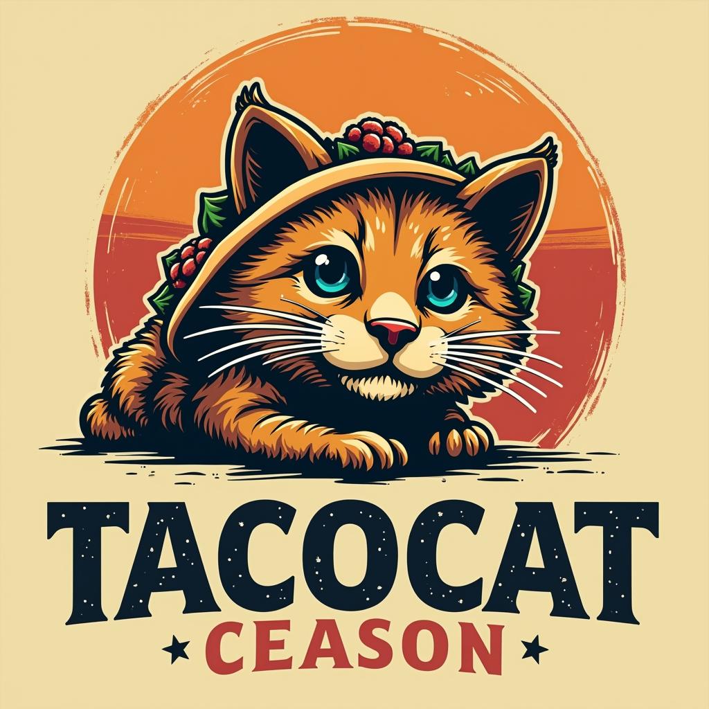  picture of a tacocat, vintage colors, minimalist, poster<lora:tshirtdesignredmondv2 tshirtdesign tshirtdesignaf:1>, tshirtdesignaf, text logo tacocat