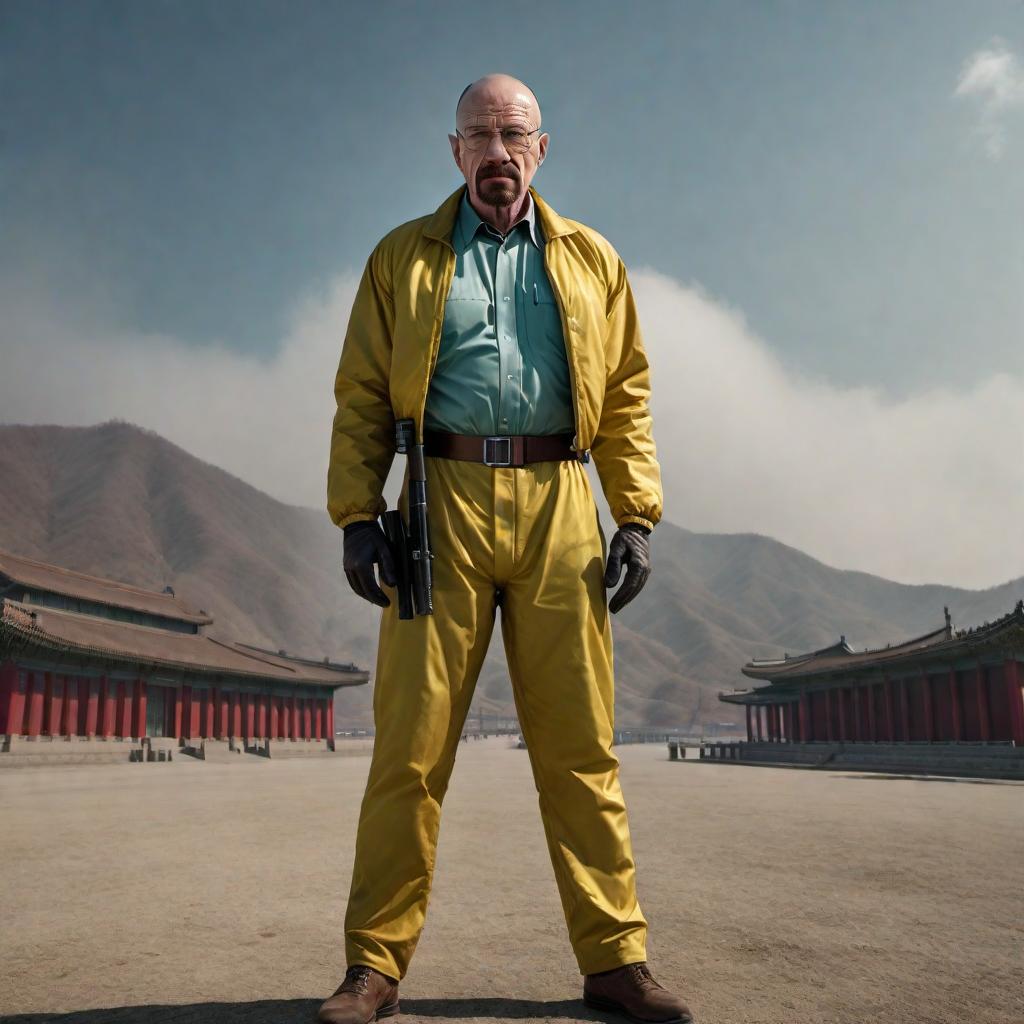  Walter White from Breaking Bad in North Korea. hyperrealistic, full body, detailed clothing, highly detailed, cinematic lighting, stunningly beautiful, intricate, sharp focus, f/1. 8, 85mm, (centered image composition), (professionally color graded), ((bright soft diffused light)), volumetric fog, trending on instagram, trending on tumblr, HDR 4K, 8K