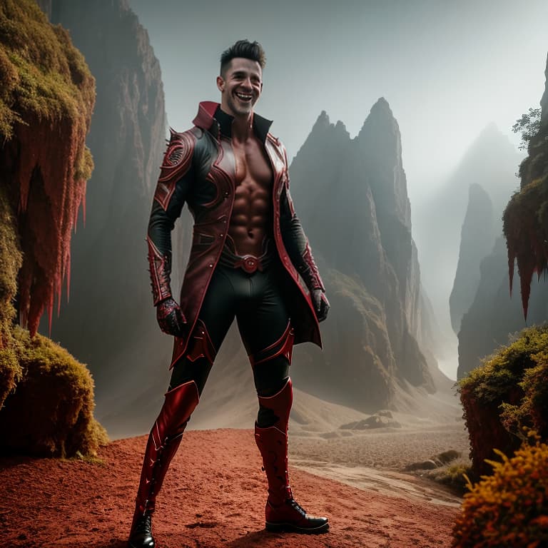  male, undressed, red body, devil face, smiling, white teeth hyperrealistic, full body, detailed clothing, highly detailed, cinematic lighting, stunningly beautiful, intricate, sharp focus, f/1. 8, 85mm, (centered image composition), (professionally color graded), ((bright soft diffused light)), volumetric fog, trending on instagram, trending on tumblr, HDR 4K, 8K