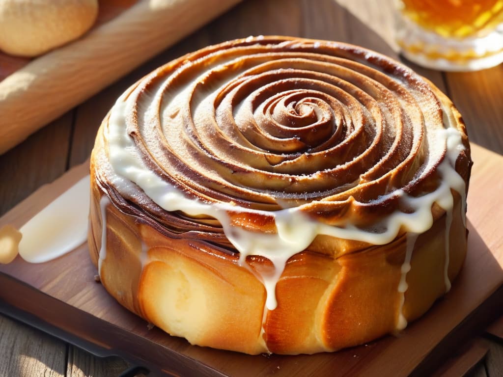  A closeup, ultradetailed image of a freshly baked cinnamon roll covered in a light glaze, placed on a rustic wooden table with subtle sunlight streaming in, highlighting the swirls of cinnamon and sugar in the fluffy pastry. The focus is on the texture of the roll, showcasing its goldenbrown exterior and soft, pillowy interior, inviting the viewer to imagine the warm, comforting flavors perfect for a summer breakfast. hyperrealistic, full body, detailed clothing, highly detailed, cinematic lighting, stunningly beautiful, intricate, sharp focus, f/1. 8, 85mm, (centered image composition), (professionally color graded), ((bright soft diffused light)), volumetric fog, trending on instagram, trending on tumblr, HDR 4K, 8K