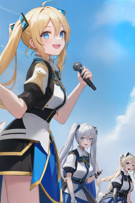  Fair -skinned, blond, human, sky blue eyes, microphone, singing, sweaty, smiling, twin tails
