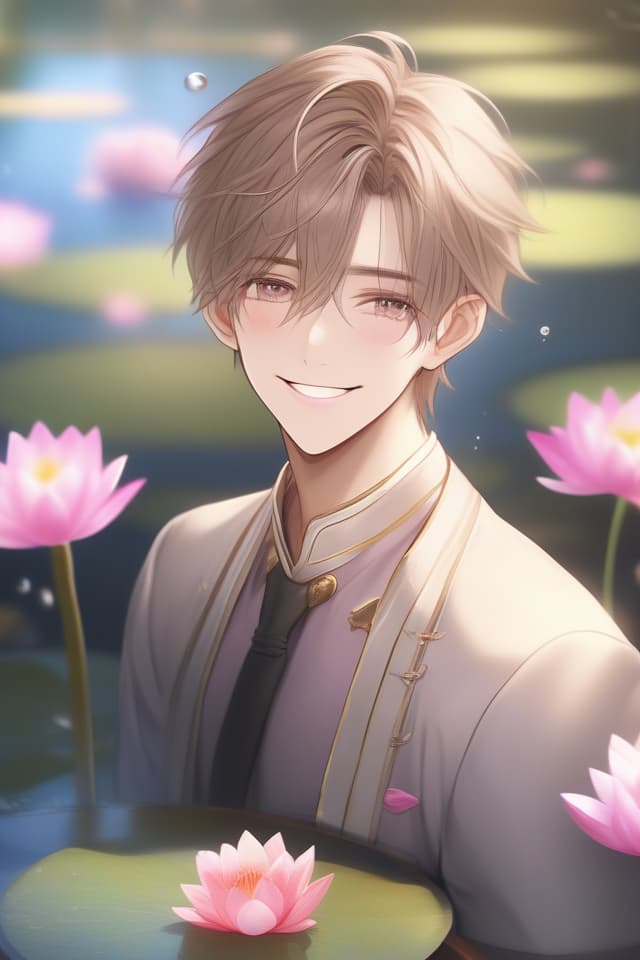  Masterpiece,(((a male))),delicate light brown hair color,short hair,(((archaic smile))),delicate face,(((larynx))),(((pink Water lilies flowers))),high quality,8K