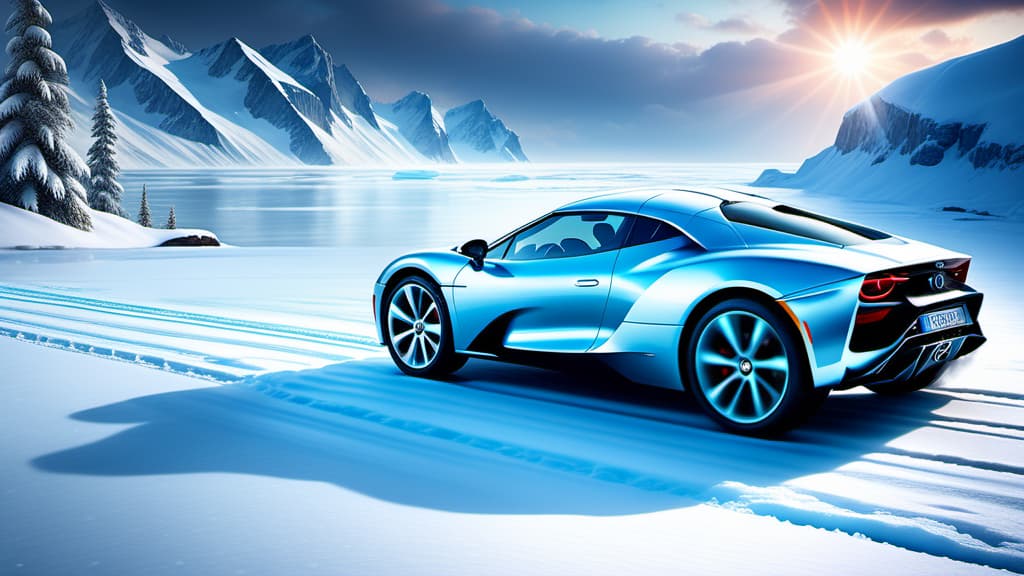  A polar car equipped with advanced technology seamlessly navigating a treacherous icy terrain evoking a sense of safety and thrill simultaneously.  , ((realistic)), ((masterpiece)), focus on detailed clothing and atmosphere of the surroundings. Soft and natural lights.