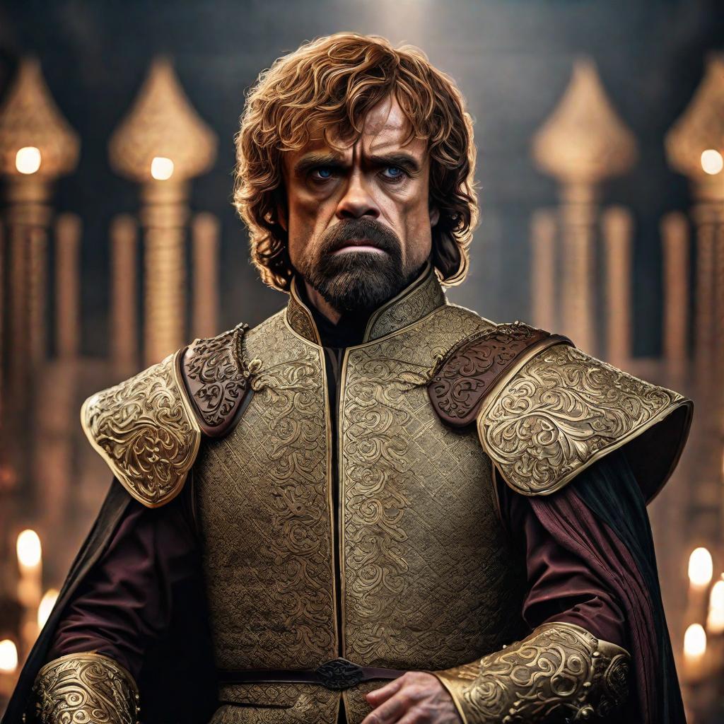  Tyrion Lannister as the king hyperrealistic, full body, detailed clothing, highly detailed, cinematic lighting, stunningly beautiful, intricate, sharp focus, f/1. 8, 85mm, (centered image composition), (professionally color graded), ((bright soft diffused light)), volumetric fog, trending on instagram, trending on tumblr, HDR 4K, 8K