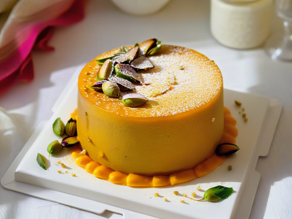  A closeup, ultradetailed image of a goldenbrown namoura, a traditional Middle Eastern semolina cake, dripping with sweet syrup and garnished with pistachios and rose petals. The cake is intricately textured, showcasing the fine crumb of the semolina, with the syrup glistening in the light, capturing the essence of this delectable dessert. hyperrealistic, full body, detailed clothing, highly detailed, cinematic lighting, stunningly beautiful, intricate, sharp focus, f/1. 8, 85mm, (centered image composition), (professionally color graded), ((bright soft diffused light)), volumetric fog, trending on instagram, trending on tumblr, HDR 4K, 8K