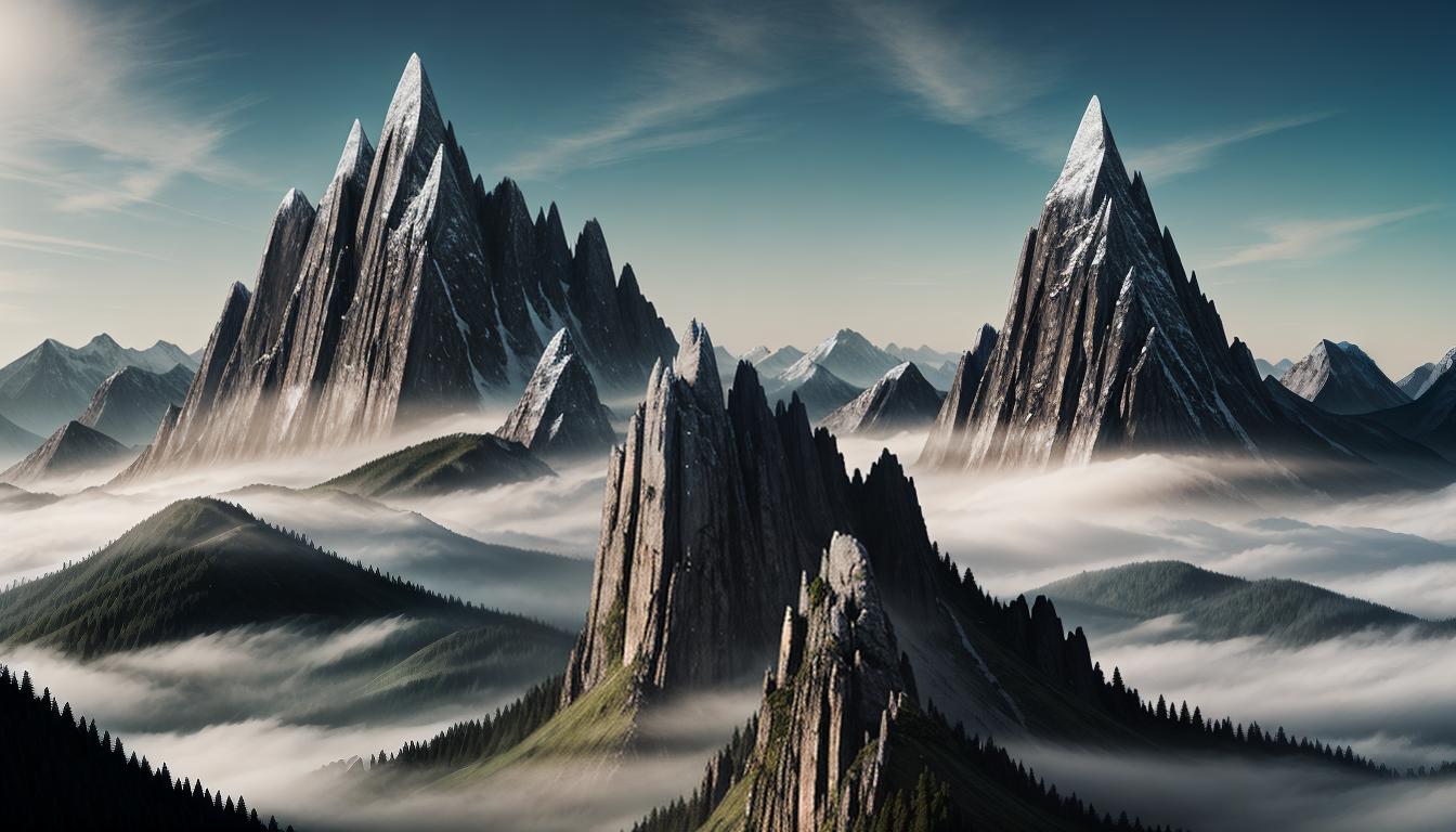  digital illustration, A mountain with a strong foundation, jagged peaks, surrounded by rising mist, solidity, resilience, ethereal atmosphere, looking at viewer, dynamic pose, (intricate details, masterpiece, best quality)