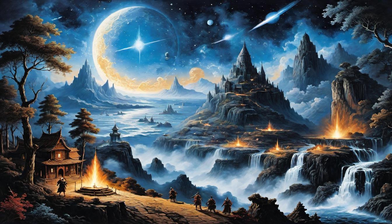  （surrealism)A grand tapestry woven with threads of light, depicting scenes of heroic deeds and celestial battles, galaxies and stars in the background, eternal, revered, historical grandeur mystic, intricate details, best quality)