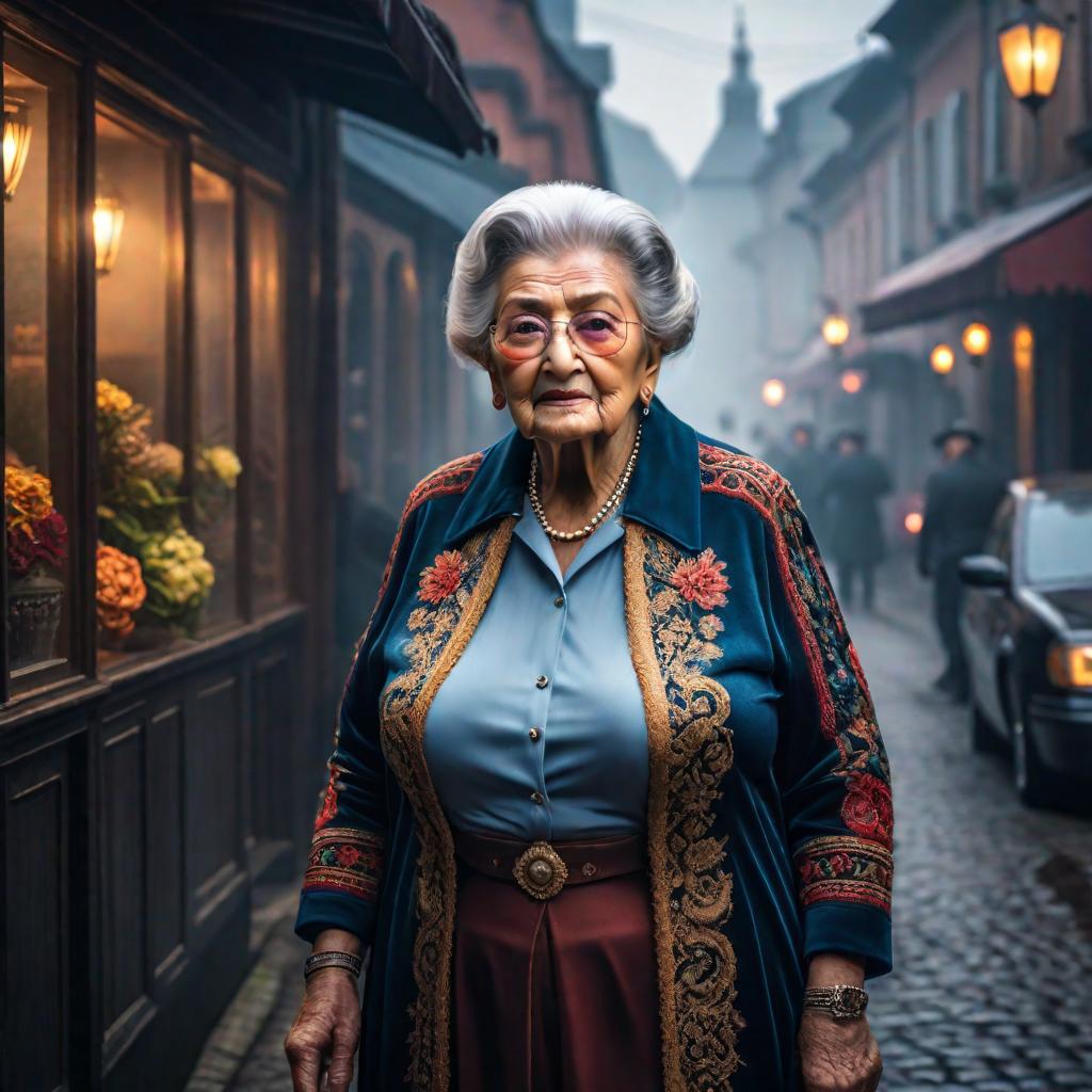  My grandma hyperrealistic, full body, detailed clothing, highly detailed, cinematic lighting, stunningly beautiful, intricate, sharp focus, f/1. 8, 85mm, (centered image composition), (professionally color graded), ((bright soft diffused light)), volumetric fog, trending on instagram, trending on tumblr, HDR 4K, 8K