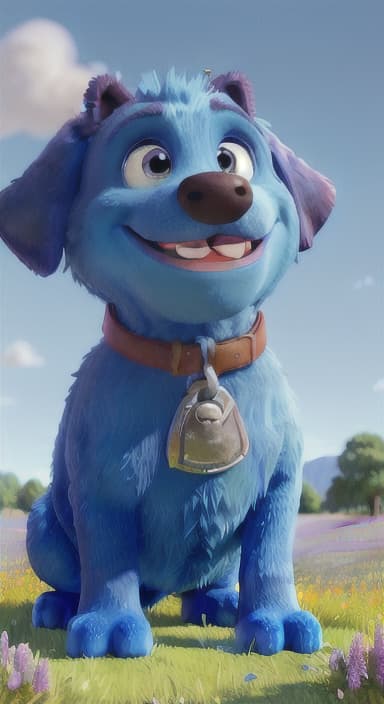  {A happy, big blue dog wagging its tail in a colorful meadow, The big blue dog is large with sky blue fur, big round eyes, a black nose, and floppy ears.