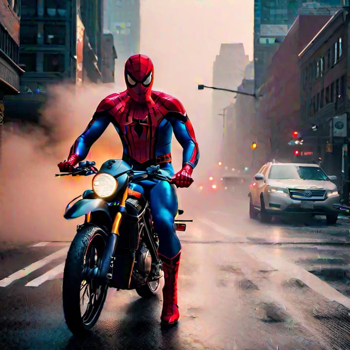  Spider man is riding a bike hyperrealistic, full body, detailed clothing, highly detailed, cinematic lighting, stunningly beautiful, intricate, sharp focus, f/1. 8, 85mm, (centered image composition), (professionally color graded), ((bright soft diffused light)), volumetric fog, trending on instagram, trending on tumblr, HDR 4K, 8K
