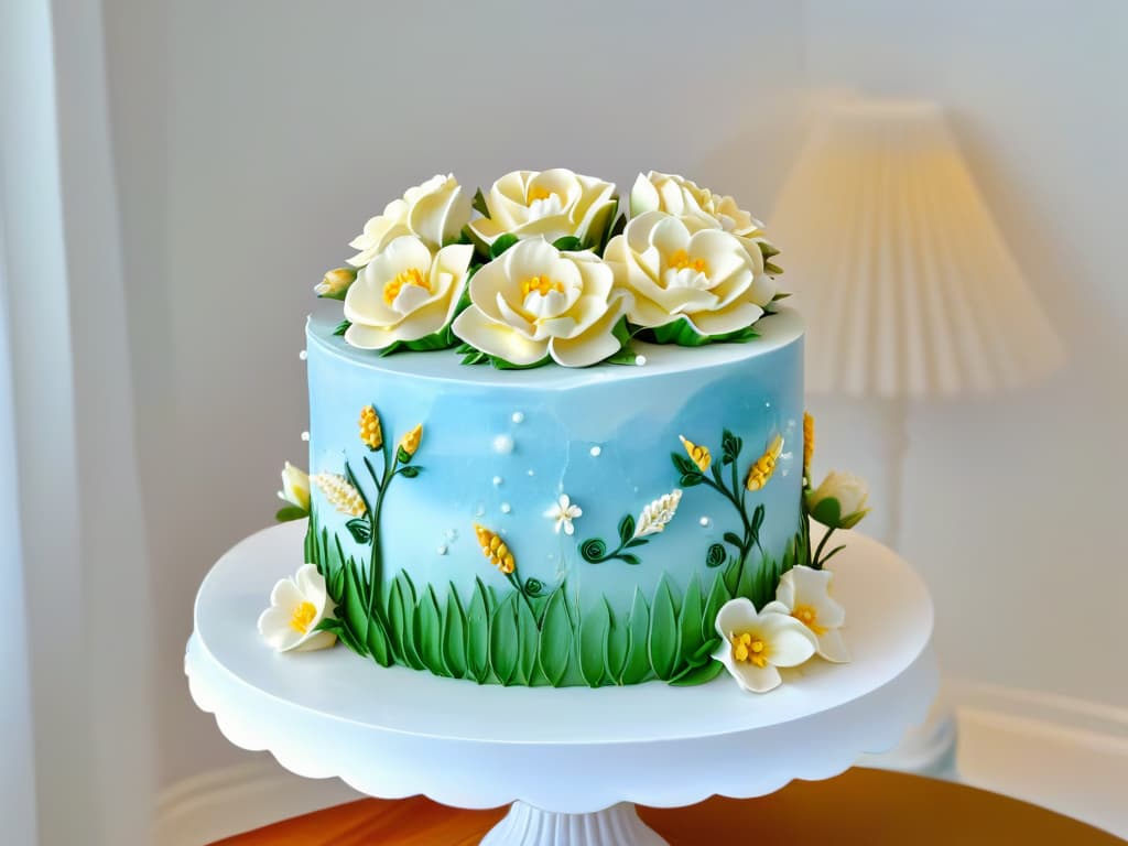  A closeup, ultradetailed image of a perfectly frosted and decorated threetiered cake, showcasing intricate piping work, delicate sugar flowers, and shimmering edible gold accents. The cake sits on a pristine white cake stand against a soft, blurred pastel background, highlighting the precision and artistry of professional pastry craftsmanship. hyperrealistic, full body, detailed clothing, highly detailed, cinematic lighting, stunningly beautiful, intricate, sharp focus, f/1. 8, 85mm, (centered image composition), (professionally color graded), ((bright soft diffused light)), volumetric fog, trending on instagram, trending on tumblr, HDR 4K, 8K