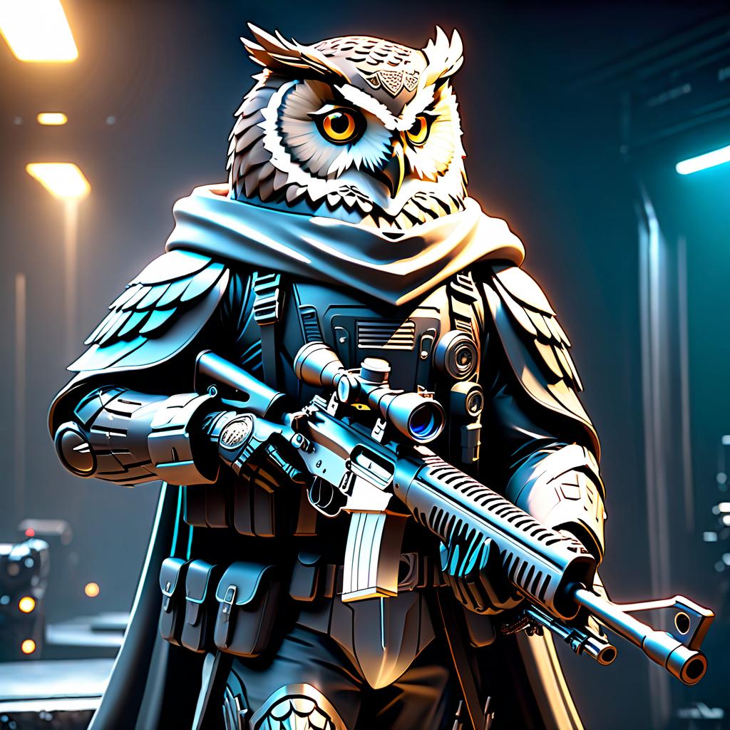  biomechanical style An owl with a sniper rifle in his hands . blend of organic and mechanical elements, futuristic, cybernetic, detailed, intricate hyperrealistic, full body, detailed clothing, highly detailed, cinematic lighting, stunningly beautiful, intricate, sharp focus, f/1. 8, 85mm, (centered image composition), (professionally color graded), ((bright soft diffused light)), volumetric fog, trending on instagram, trending on tumblr, HDR 4K, 8K