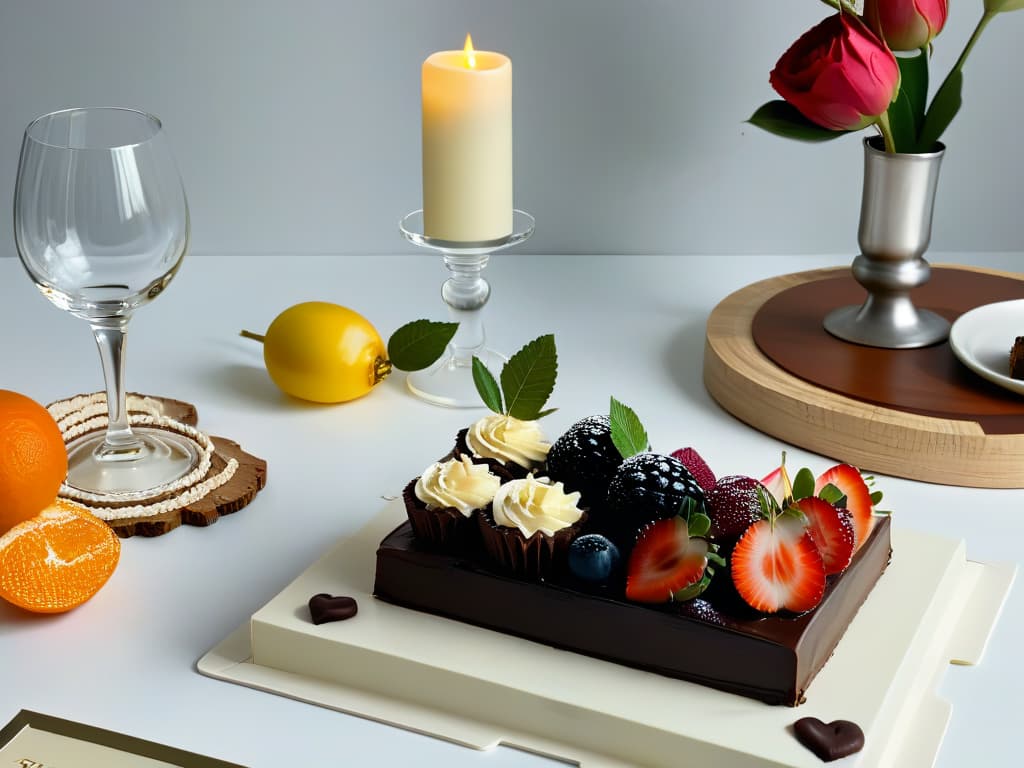  A minimalist, highresolution image depicting a beautifully set table with elegant wine glasses, a bottle of wine, and a selection of decadent desserts like chocolate truffles, fruit tarts, and creamy cheesecake. The table is adorned with subtle floral arrangements and soft candlelight, creating a sophisticated and inviting atmosphere perfect for wine and dessert pairing. hyperrealistic, full body, detailed clothing, highly detailed, cinematic lighting, stunningly beautiful, intricate, sharp focus, f/1. 8, 85mm, (centered image composition), (professionally color graded), ((bright soft diffused light)), volumetric fog, trending on instagram, trending on tumblr, HDR 4K, 8K