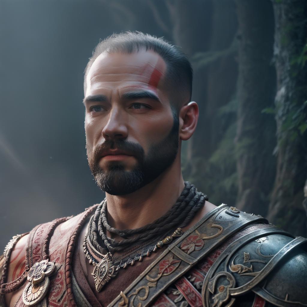  God of war hyperrealistic, full body, detailed clothing, highly detailed, cinematic lighting, stunningly beautiful, intricate, sharp focus, f/1. 8, 85mm, (centered image composition), (professionally color graded), ((bright soft diffused light)), volumetric fog, trending on instagram, trending on tumblr, HDR 4K, 8K