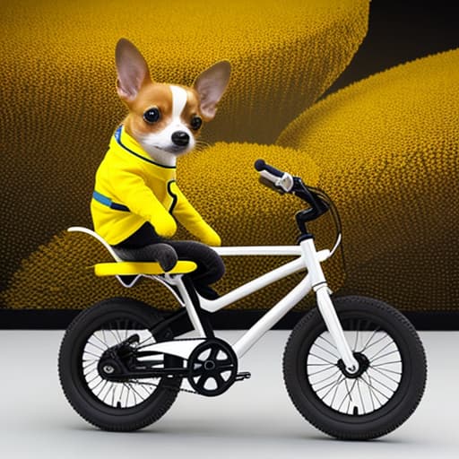  cute yellow chihuahua riding a bike and holding flowers, white background. show complete image., neon ambiance, abstract black oil, gear mecha, detailed acrylic, grunge, intricate complexity, rendered in unreal engine, photorealistic