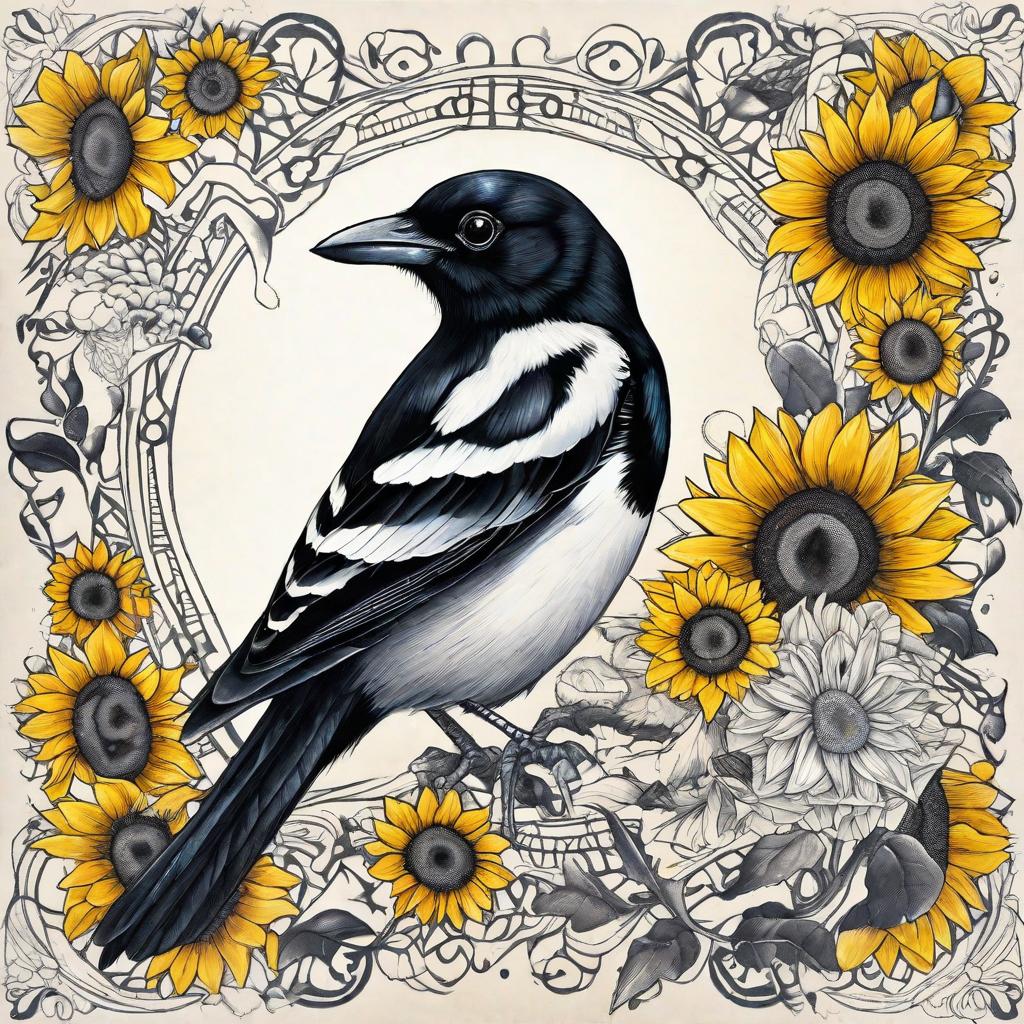  masterpiece, best quality, Tattoo of magpie, sunflower and number 13