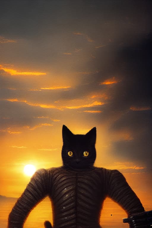  Cat knight in front of sun, posing, strong, brave, excellent detail, fantasia, 8k, wet