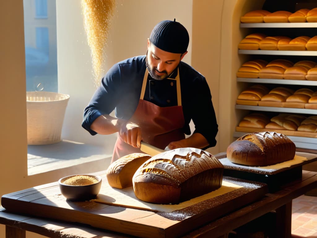  An ultradetailed image of a rustic wooden table in a warm, sunlit bakery, showcasing a variety of freshly baked rye bread loaves with a golden crust. The rich textures of the dark, hearty rye bread contrast beautifully with the soft, flourdusted surface of the table. In the background, a baker's hands expertly shaping a loaf, captured in exquisite detail, with flour suspended in the air creating a sense of motion and artistry. The warm glow of the sunlight streaming through a nearby window adds a touch of natural warmth to the scene, highlighting the craftsmanship and tradition of breadmaking. hyperrealistic, full body, detailed clothing, highly detailed, cinematic lighting, stunningly beautiful, intricate, sharp focus, f/1. 8, 85mm, (centered image composition), (professionally color graded), ((bright soft diffused light)), volumetric fog, trending on instagram, trending on tumblr, HDR 4K, 8K