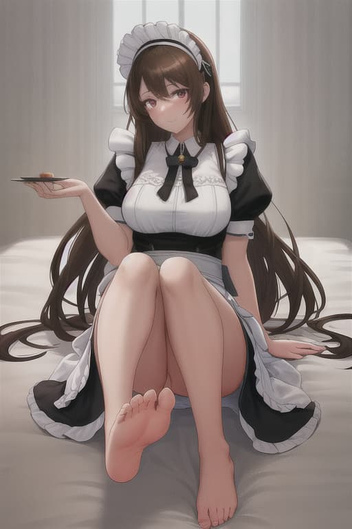  (score 9,score 8 up,score 7 up,),1girl,solo,maid,maid headdress,looking at viewer,apron,brown hair,indoors,black hair,bare foot,feet focus,two feet hyperrealistic, full body, detailed clothing, highly detailed, cinematic lighting, stunningly beautiful, intricate, sharp focus, f/1. 8, 85mm, (centered image composition), (professionally color graded), ((bright soft diffused light)), volumetric fog, trending on instagram, trending on tumblr, HDR 4K, 8K