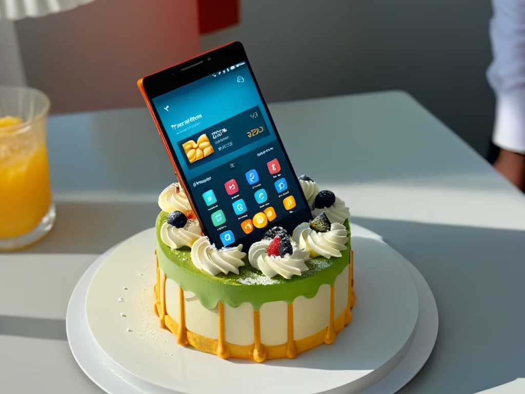  An ultradetailed image of a sleek, futuristic smartphone displaying a cuttingedge dessert design app interface. The app features a minimalist and sophisticated design with vibrant colors, intuitive navigation icons, and intricate dessert design options like 3D modeling tools, customizable templates, and virtual tasting capabilities. The screen shows a stunning dessert creation being digitally crafted, showcasing the innovative technology revolutionizing the world of pastry design. hyperrealistic, full body, detailed clothing, highly detailed, cinematic lighting, stunningly beautiful, intricate, sharp focus, f/1. 8, 85mm, (centered image composition), (professionally color graded), ((bright soft diffused light)), volumetric fog, trending on instagram, trending on tumblr, HDR 4K, 8K