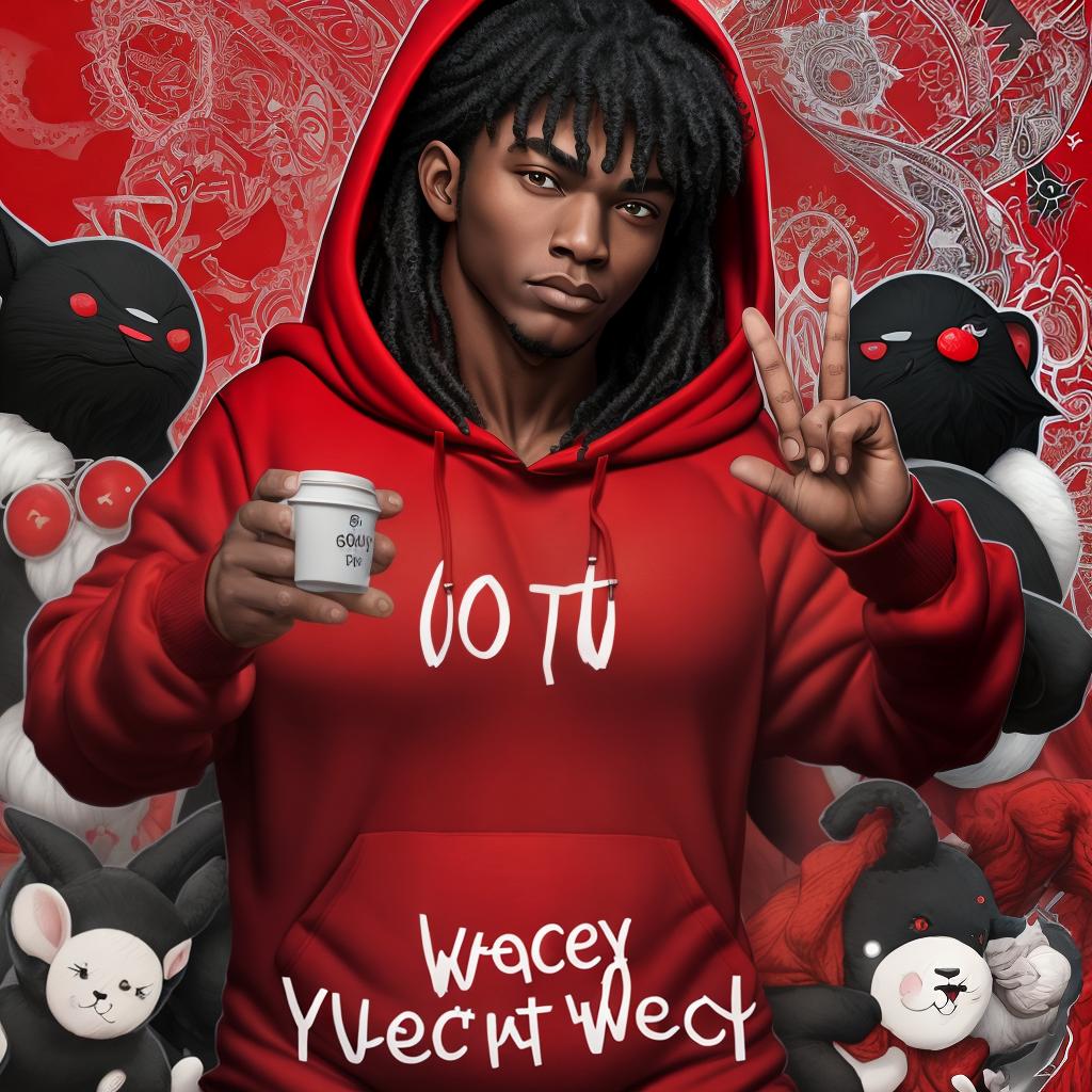  , black voat, big , xy body, wear red hoodie , bring peace to the world