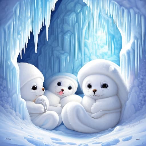  Highly detailed painting of cute furry white baby seals cuddled up inside snowy fantasy ice crystal cavern