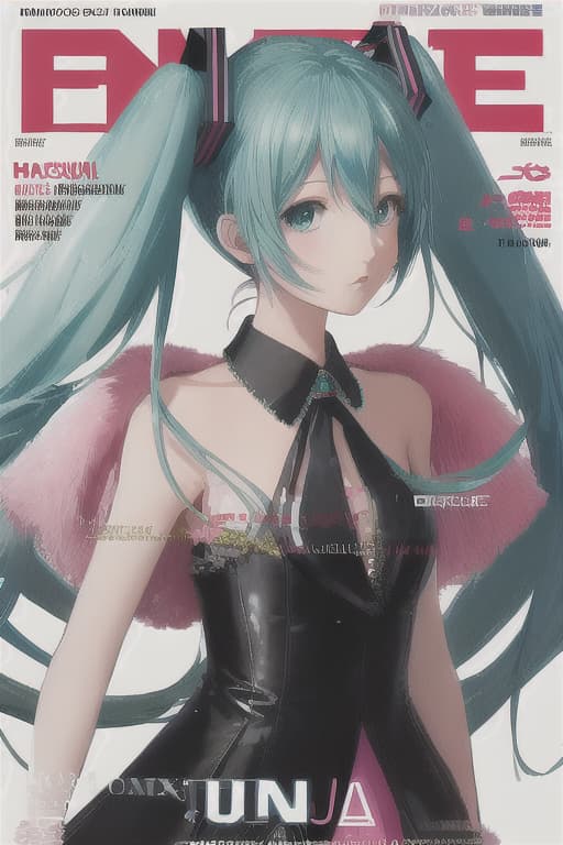  cover,1girl,hatsune miku, , ,(magazine cover, FashionMagCover, english text, username, watermark, artist name, signature:1.1)