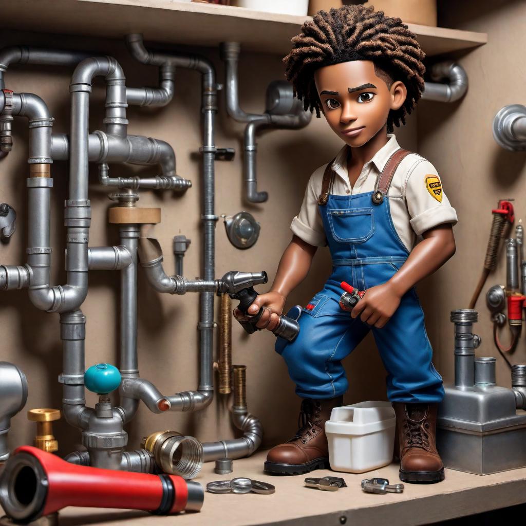  A realistic cartoon image of a 10 , a light-skinned boy of African American descent, portraying to be an expert plumber. He should have features reflecting his heritage, such as light brown skin, dark eyes, and dreadlocks with beads in them. He is wearing work attire and equipment as a uniform, suitable for a plumber. The background should feature elements of his work, such as pipes and plumbing tools, but the focus should be on the and his attire, maintaining a realistic image. hyperrealistic, full body, detailed clothing, highly detailed, cinematic lighting, stunningly beautiful, intricate, sharp focus, f/1. 8, 85mm, (centered image composition), (professionally color graded), ((bright soft diffused light)), volumetric fog, trending on instagram, trending on tumblr, HDR 4K, 8K