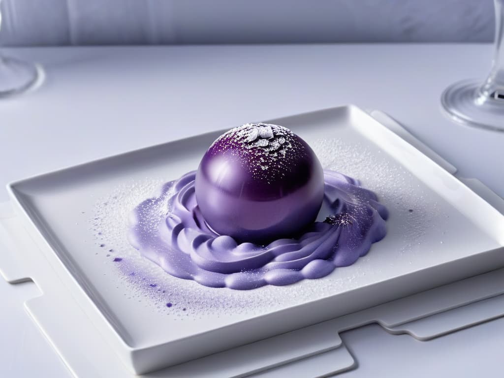  A closeup, ultradetailed image of a scoop of vibrant purple sorbet made with liquid nitrogen, sitting elegantly on a sleek, modern plate. The sorbet glistens with tiny crystallized particles, showcasing a smooth and creamy texture. The plate is set against a stark white backdrop, emphasizing the striking contrast and the simplicity of the presentation. hyperrealistic, full body, detailed clothing, highly detailed, cinematic lighting, stunningly beautiful, intricate, sharp focus, f/1. 8, 85mm, (centered image composition), (professionally color graded), ((bright soft diffused light)), volumetric fog, trending on instagram, trending on tumblr, HDR 4K, 8K