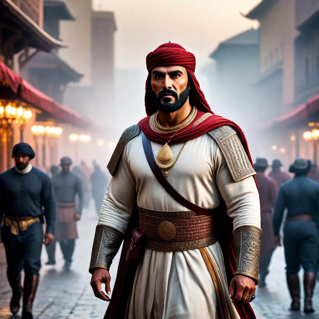  Ibn Battuta hyperrealistic, full body, detailed clothing, highly detailed, cinematic lighting, stunningly beautiful, intricate, sharp focus, f/1. 8, 85mm, (centered image composition), (professionally color graded), ((bright soft diffused light)), volumetric fog, trending on instagram, trending on tumblr, HDR 4K, 8K