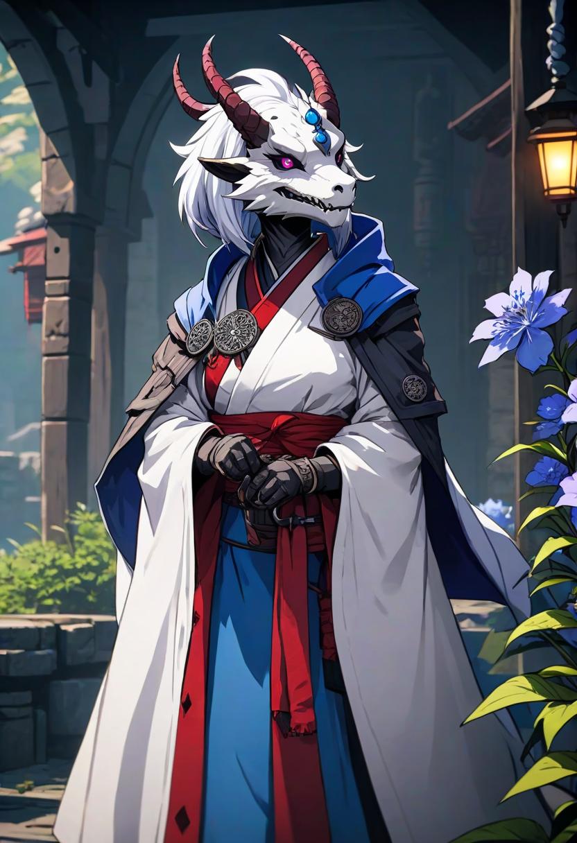  anime artwork мountainous background, сalm environment, female white dragonborn, dragon head, white head with blue and purple flowers, wearing a monk robe aged black red paper, darkest dungeon style, lonely, full body, more realistic style, . anime style, key visual, vibrant, studio anime, highly detailed hyperrealistic, full body, detailed clothing, highly detailed, cinematic lighting, stunningly beautiful, intricate, sharp focus, f/1. 8, 85mm, (centered image composition), (professionally color graded), ((bright soft diffused light)), volumetric fog, trending on instagram, trending on tumblr, HDR 4K, 8K