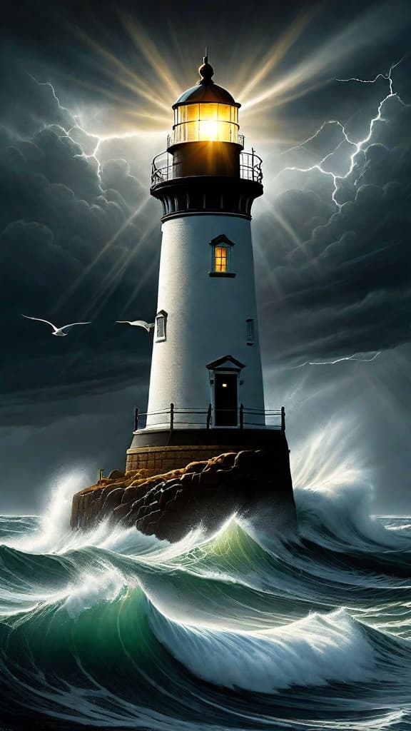  (A raging storm at sea, with powerful winds and crashing waves. In the distance, a lone lighthouse stands tall, its golden beam cutting through the darkness and guiding the way. The lighthouse keeper, Mr. Hawthorn, ventures out into the storm, following the strange glimmers of light reflected on the water, which lead him to a washed up chest emblazoned with ancient runes, half buried in the sand along the shore.) hyperrealistic, full body, detailed clothing, highly detailed, cinematic lighting, stunningly beautiful, intricate, sharp focus, f/1. 8, 85mm, (centered image composition), (professionally color graded), ((bright soft diffused light)), volumetric fog, trending on instagram, trending on tumblr, HDR 4K, 8K