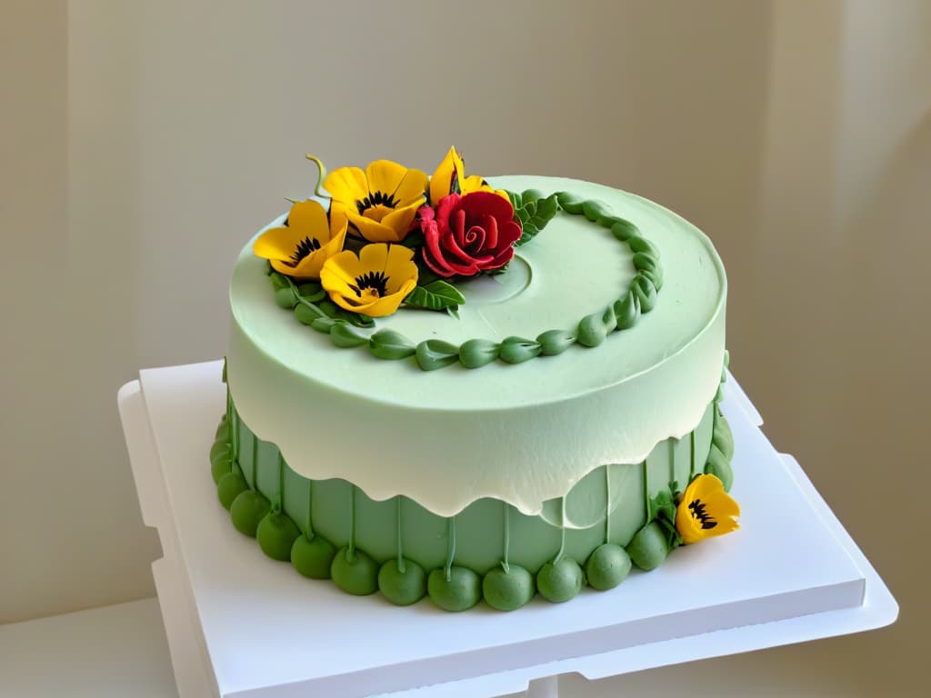  An intricate and detailed closeup image of a perfectly crafted, intricately decorated cake in a minimalist setting. The cake features delicate icing swirls, edible flowers, and elegant piping, showcasing the artistry and skill involved in creating highquality baked goods for fair trade practices. The image exudes sophistication and precision, embodying the essence of investing in quality and community within the realm of fair trade pastry arts. hyperrealistic, full body, detailed clothing, highly detailed, cinematic lighting, stunningly beautiful, intricate, sharp focus, f/1. 8, 85mm, (centered image composition), (professionally color graded), ((bright soft diffused light)), volumetric fog, trending on instagram, trending on tumblr, HDR 4K, 8K