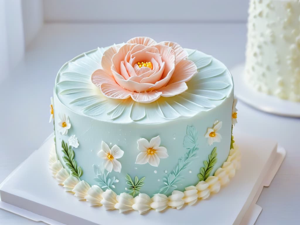  A closeup, ultrahighresolution image of a perfectly frosted and decorated multilayered cake, showcasing intricate piping work and delicate sugar flowers in pastel hues. The details are so crisp that each sugar crystal and petal texture is clearly visible, creating a visually stunning and inspiring image for pastry enthusiasts. hyperrealistic, full body, detailed clothing, highly detailed, cinematic lighting, stunningly beautiful, intricate, sharp focus, f/1. 8, 85mm, (centered image composition), (professionally color graded), ((bright soft diffused light)), volumetric fog, trending on instagram, trending on tumblr, HDR 4K, 8K