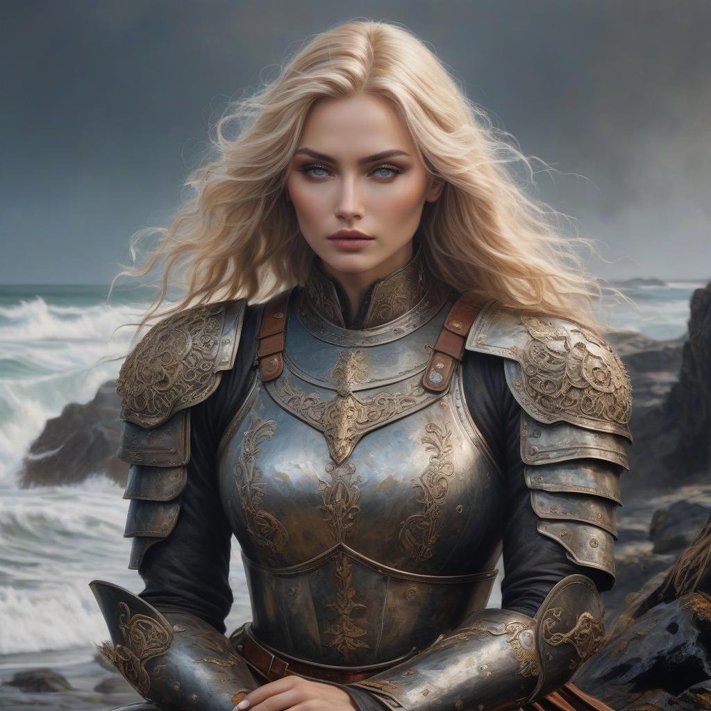  , blond, 20 old, (masterpiece, oil painting:1.3), (profile view:1.2 , blond hair, berserk, (grimdarkcore:1.3), seated on the shore of the Northern Sea, gaze fixed into the distance, (detailed face:1.2) weathered features, (intricate armor:1.2) adorned with symbols, essence of mysticism intertwined with the harsh Northern nature, impasto disturbia dry brush technique, hyperrealistic, full body, detailed clothing, highly detailed, cinematic lighting, stunningly beautiful, intricate, sharp focus, f/1. 8, 85mm, (centered image composition), (professionally color graded), ((bright soft diffused light)), volumetric fog, trending on instagram, trending on tumblr, HDR 4K, 8K