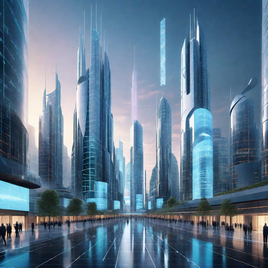  A futuristic city overlaid with digital grids and binary code, representing data collection. Faces within the architecture symbolize the personal stories and information stored. Ethereal light beams connect the buildings, depicting the fast access and recall ability of AI. Some imagery should indirectly reference Facebook's color scheme and iconography. hyperrealistic, full body, detailed clothing, highly detailed, cinematic lighting, stunningly beautiful, intricate, sharp focus, f/1. 8, 85mm, (centered image composition), (professionally color graded), ((bright soft diffused light)), volumetric fog, trending on instagram, trending on tumblr, HDR 4K, 8K