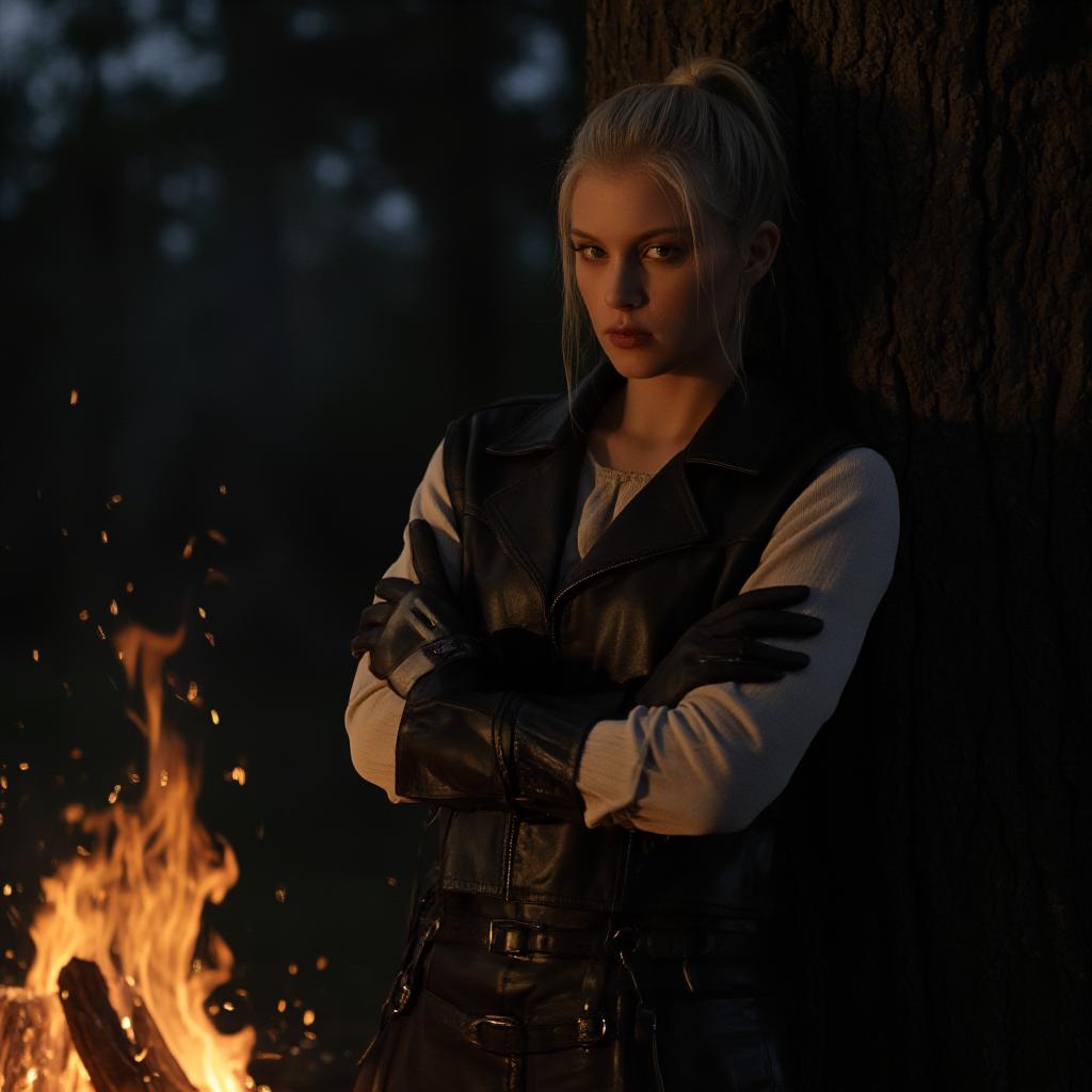  detail, photo, cinscene, dreamwalking a short, thin, athletic, woman with white hair in a ponytail, tan skin, grey eyes, white long sleeve clothes. over the white clothes is a leather vest, leather vambraces, and leather gloves. it is night time. she is standing with her back against a tree, arms crossed in front of her. her face is illuminated by a bonfire. embers blow in the wind. she stares at the ground. she looks angry. gritty vibes. high fantasy