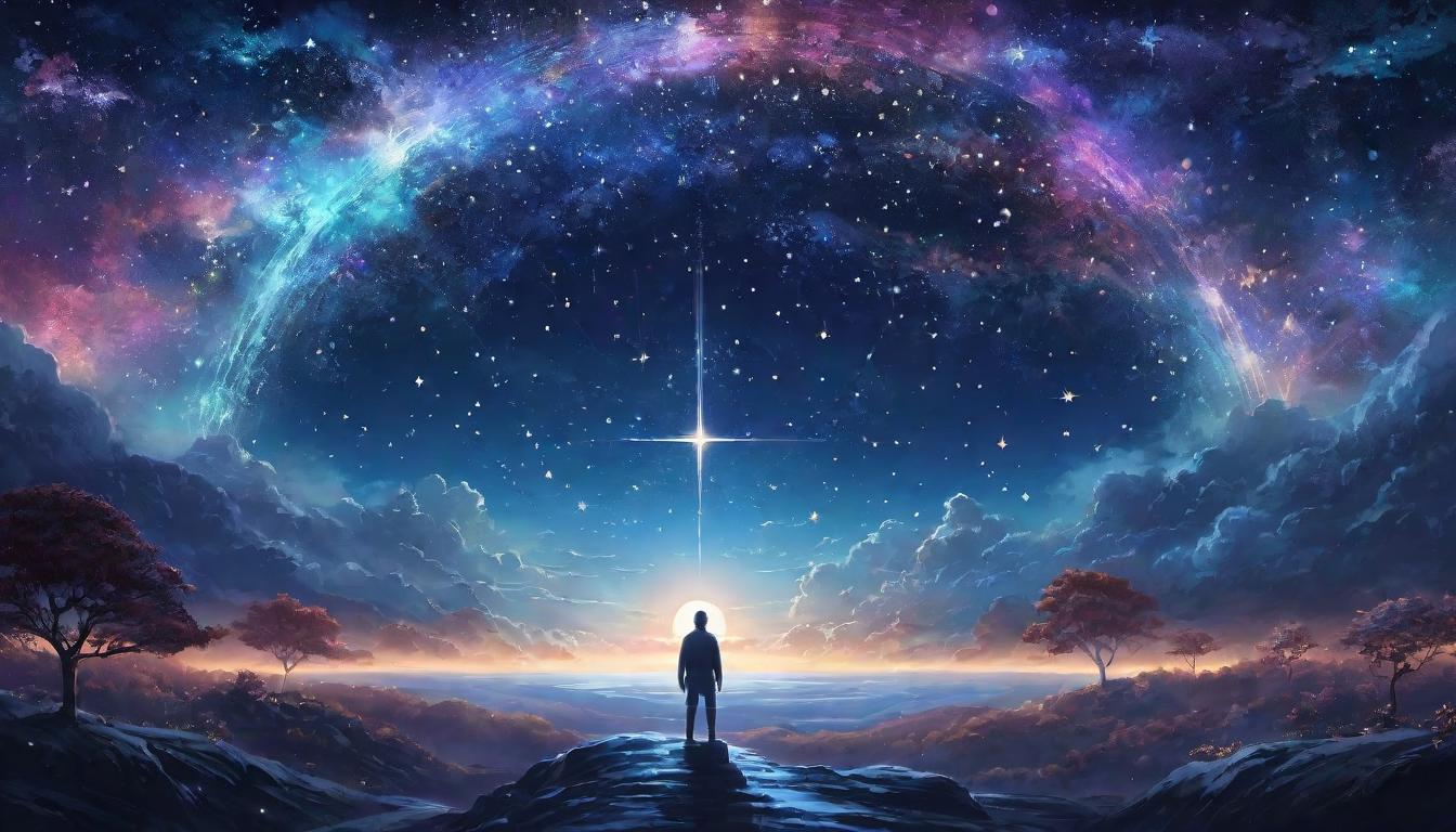  digital illustration, A figure standing beneath a sky full of shimmering stars, celestial symbols around the head, gentle glow, cosmic awareness, connection to higher wisdom, ethereal landscape, looking at viewer, dynamic pose, (intricate details, masterpiece, best quality)