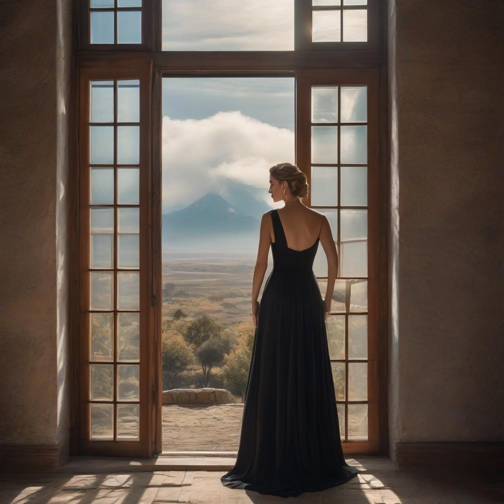  A vintage sad beauty in a black dress looks out the window at the end of the world in the '90s. Translation: A vintage sad beauty in a black dress looks out the window at the end of the world in the 90s. hyperrealistic, full body, detailed clothing, highly detailed, cinematic lighting, stunningly beautiful, intricate, sharp focus, f/1. 8, 85mm, (centered image composition), (professionally color graded), ((bright soft diffused light)), volumetric fog, trending on instagram, trending on tumblr, HDR 4K, 8K